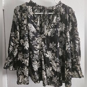 TODAY ONLY Free People Black and White Ruffled Blouse with Peter Pan Collar